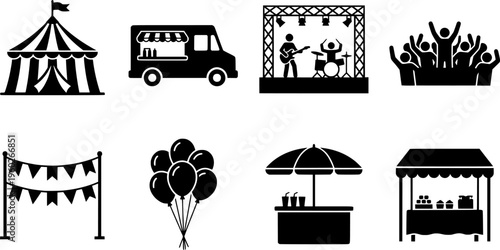 Street Festival Icons. Street Festival. Filled icon set of Street Festival: festival tent, food truck, live
