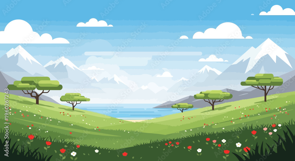 Fototapeta premium Vibrant Pixel Art Landscape: Green Hills, Mountains, Lake, and Blooming Wildflowers