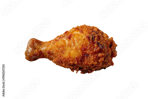 Crispy golden fried chicken drumstick on transparent background, offering a popular fast food snack or meal item