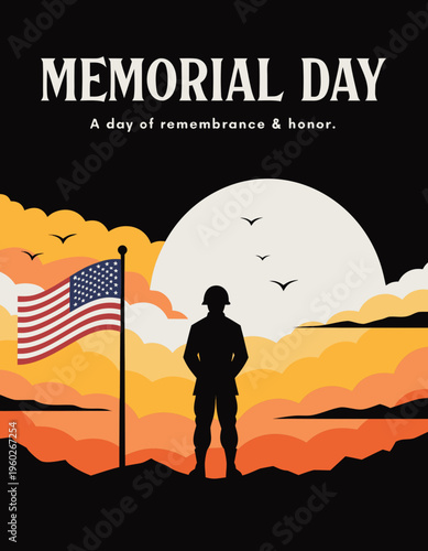 Silhouette of soldier standing in front of American flag during sunset, representing Memorial Day with vibrant colors and a serene landscape