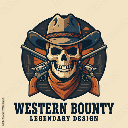 A fierce skull cowboy adorned with guns and a hat, set against a desert backdrop, capturing the essence of the Wild West and legendary adventures yet to unfold.