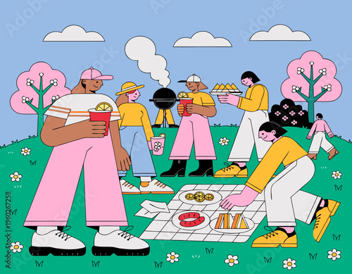 Group of diverse individuals enjoying a spring outdoor picnic during the Labor Day celebrations with food and drinks, surrounded by trees and flowers in a vibrant park setting
