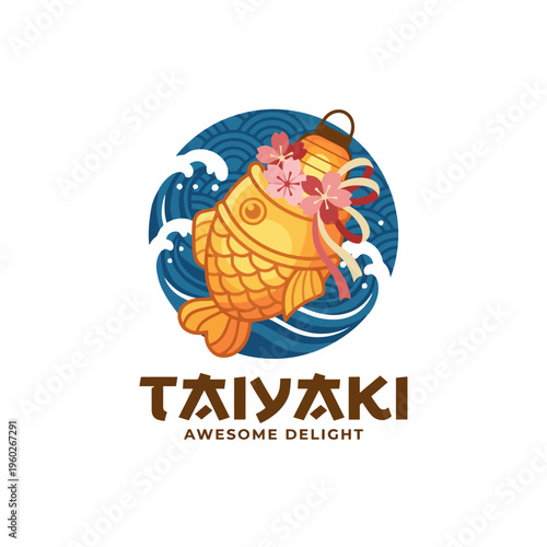 A delightful taiyaki illustration adorned with flowers and waves, symbolizing a unique fusion of traditional and modern dessert concepts for an inviting branding experience.