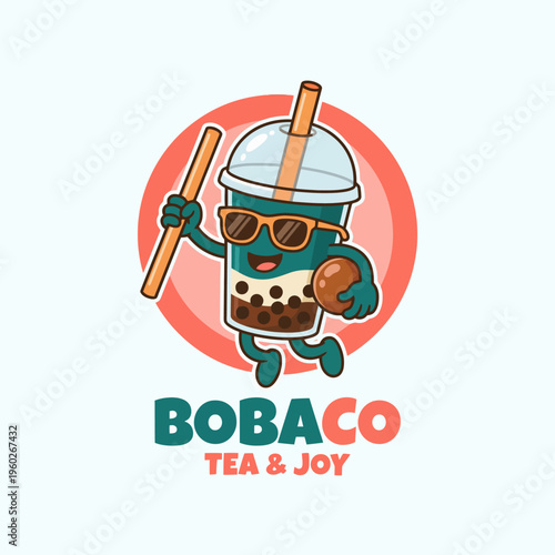 This playful boba tea character with sunglasses embodies joy and fun, making it ideal for a beverage brand focused on youthful engagement and lighthearted enjoyment.