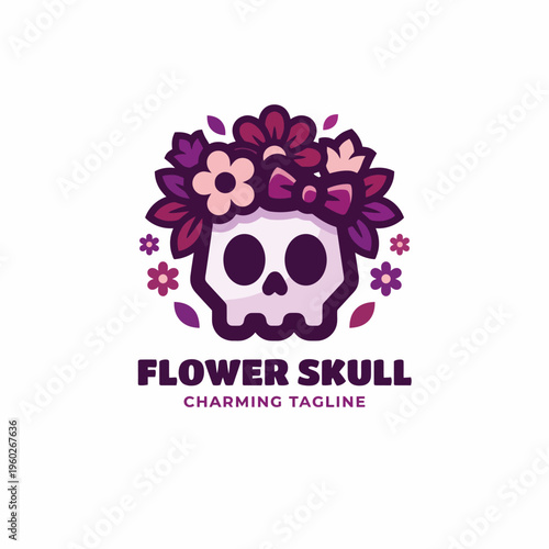 A whimsical logo combining a skull adorned with flowers, representing a unique blend of beauty and mortality, capturing attention with its colorful and playful design.