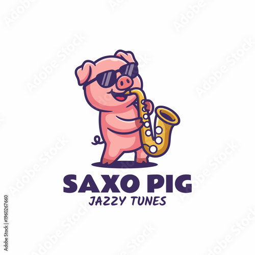 A playful logo of a pig playing the saxophone, embodying fun and joy in music, appealing to audiences who appreciate whimsical, entertaining designs and jazz-inspired themes.