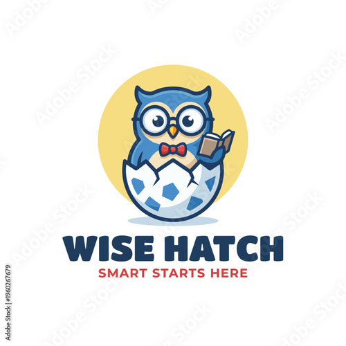 This whimsical image features a cartoon owl character wearing glasses and a bow tie, hatching from a blue egg against a yellow background, symbolizing wisdom and new beginnings.