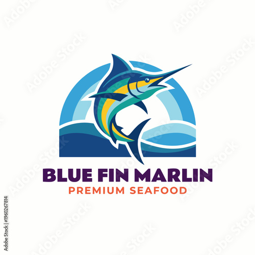 This logo design showcases a dynamic bluefin marlin jumping over ocean waves, symbolizing premium quality seafood, ideal for fish markets, restaurants, and ocean-themed businesses.