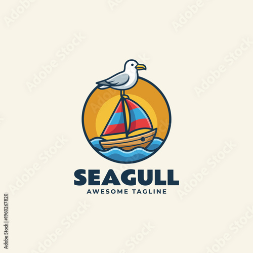 A picturesque image showcasing a seagull perched upon a vibrant sailboat, encapsulating themes of adventure and the beauty of coastal life in radiant colors and clear skies.