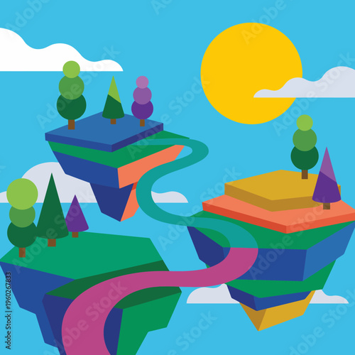A whimsical landscape showcasing floating islands adorned with trees and a bright sun, inviting imagination and evoking feelings of adventure and fantasy.