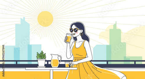 Enjoying A Refreshing Drink On A Sunny Rooftop With Cityscape Background