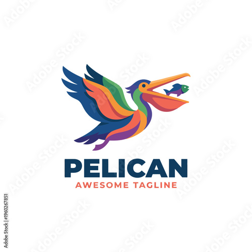 A dynamic pelican illustration bursting with colors and lively design elements, ideal for branding purposes that attract attention and convey a sense of fun and adventure.