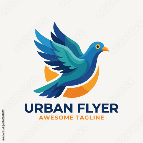 A stylized blue bird gracefully flying over a vibrant urban skyline, symbolizing freedom and the blend of nature and modern life in a rich artistic representation.