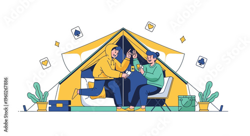 Enjoying Cards Inside A Yellow Tent With Friends