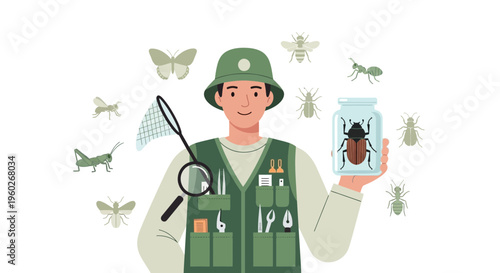 Enthusiastic Entomologist Discovering Insects In Nature
