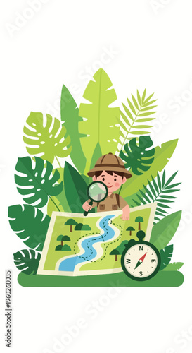 Enthusiastic Explorer Discovering Nature's Wonders On A Vibrant Jungle Map