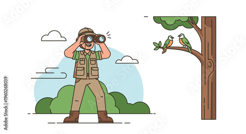 Enthusiastic Explorer Discovers Birds Through Binoculars Outdoors
