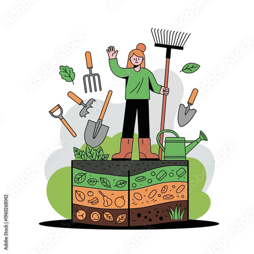 Enthusiastic Gardener Standing Amidst Gardening Tools and Soil Layers