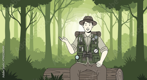 Enthusiastic Explorer Sharing Forest Wonders With Backpack and Binoculars