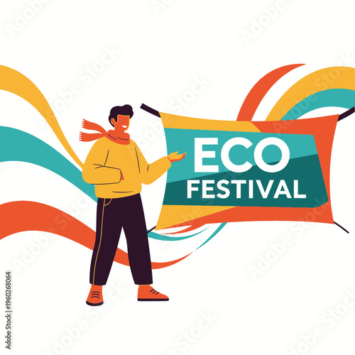 Enthusiastic Participant Showcases Eco Festival Banner With Vibrant Wavy Accents
