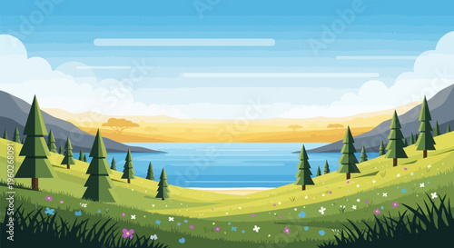 Vibrant Pixel Art Landscape: Serene Lake, Rolling Hills, and Evergreen Trees Under a Blue Sky