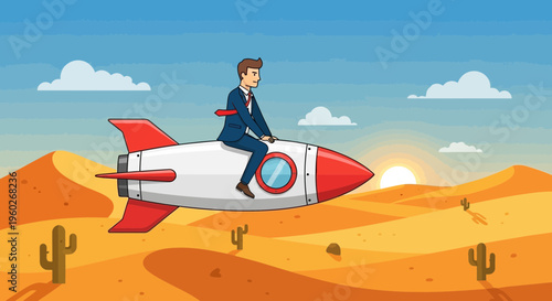Entrepreneurial Journey On A Rocket Through Desert Landscape At Sunrise