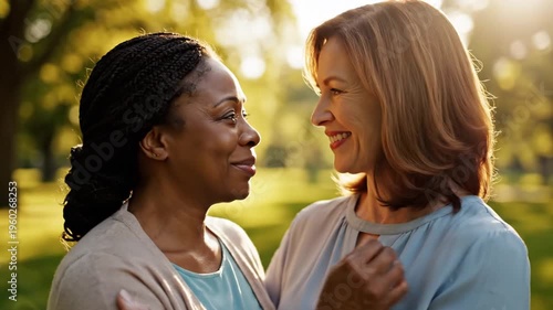 Two mature women comforting each other in a sunny park