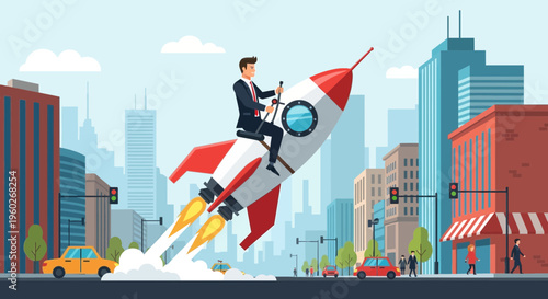 Entrepreneurial Rocket Launch Over Bustling Cityscape