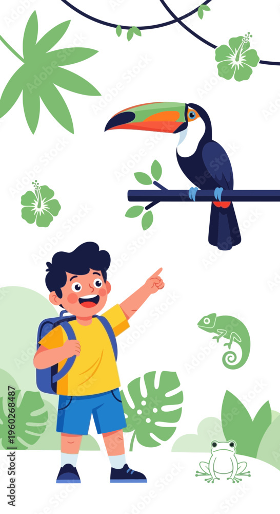 Obraz premium Excited Child Discovering Tropical Wildlife And Exotic Birds In Jungle