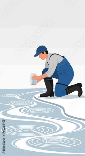 Environmental Scientist Collects Water Sample Near Rippling Surface