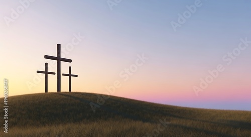 Three crosses silhouetted on a grassy hill against a serene gradient sky at dawn or dusk, symbolizing faith and sacrifice.