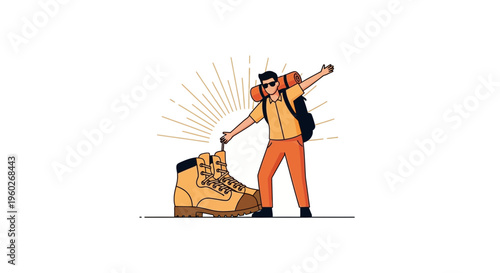 Excited Adventurer Ready For Trekking With Large Hiking Boots And Backpack