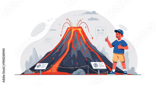 Excited Boy Learning About Volcano Eruption Science Exhibition