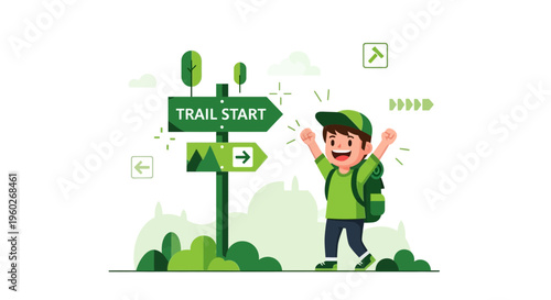 Excited Child At Trail Start Signpost Ready For Adventure And Exploration