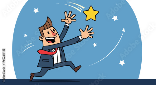 Excited Businessman Reaching For The Stars Symbolizing Success And Ambition