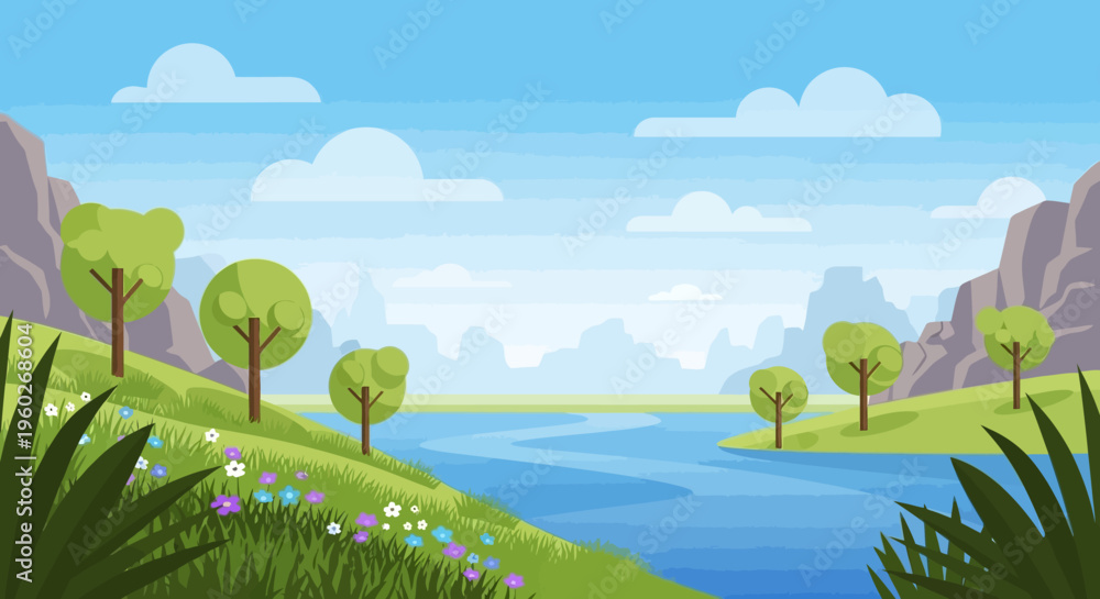 Fototapeta premium Vibrant Pixel Art Landscape: Serene River, Rolling Hills, and Majestic Mountains under a Cloudy Sky