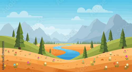 Vibrant Pixel Art Landscape: Serene River, Rolling Hills, Majestic Mountains, and Blooming Wildflowers