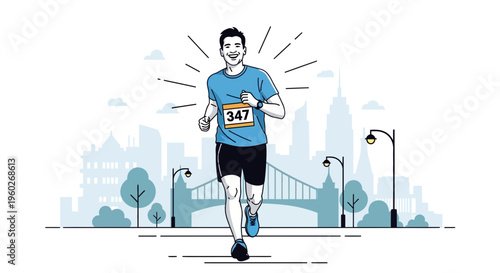 Excited Marathon Runner Charging Forward Through Urban Landscape