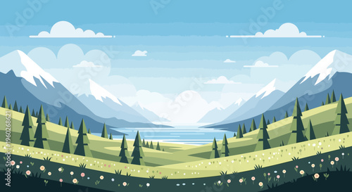 Vibrant Pixel Art Landscape: Snow-Capped Mountains, Serene Lake, and Rolling Green Hills with Wildflowers