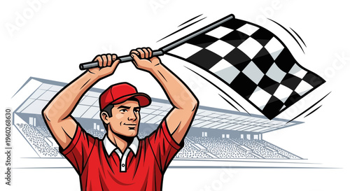Excited Racer Waves Checkered Flag At Championship Finish Line Crowd