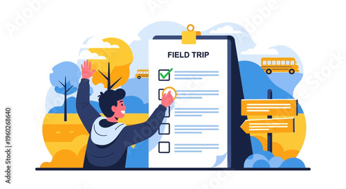 Excited Student Checks Off Field Trip Activities Checklist and Waves Enthusiastically