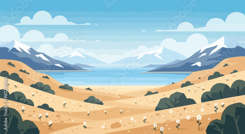 Vibrant Pixel Art Landscape: Snow-Capped Mountains, Serene Lake, and Desert Wildflowers
