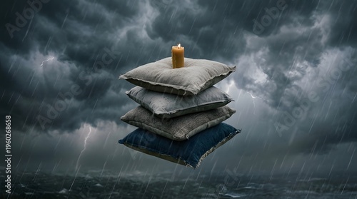 A stack of pillows floating in the air during a storm