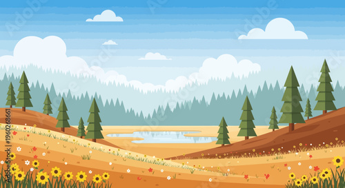 Vibrant Pixel Art Landscape: Sunflowers, Pine Trees, and Serene Lake Under a Blue Sky