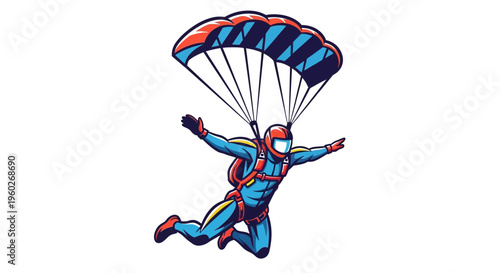 Exciting Skydiver Descends With Vibrant Parachute Displaying Aerial Adventure