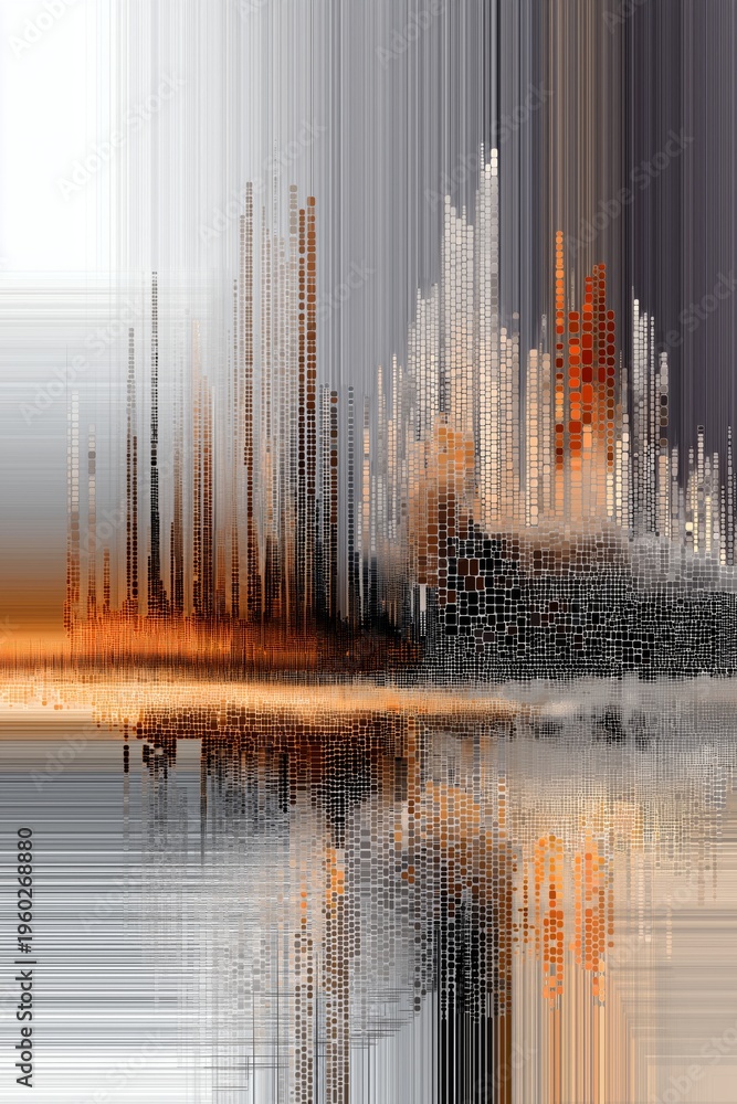 Fototapeta premium AI-generated abstract landscape illustration, pixelated in black, white, gray and orange