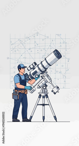 Expert Astrologer Adjusting Advanced Telescope Under Celestial Map
