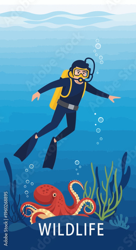 Explore Underwater Depths With A Diver Encountering Marine Life
