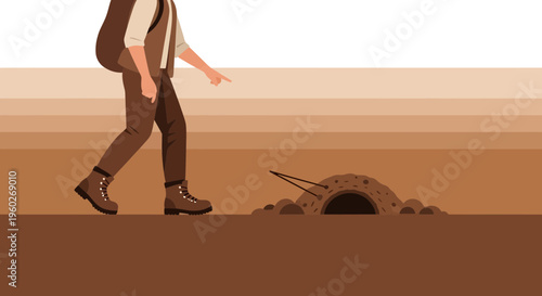Explorer Discovering Animal Burrow In Sandy Terrain