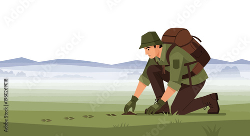 Explorer Discovering Animal Tracks in a Hazy Landscape